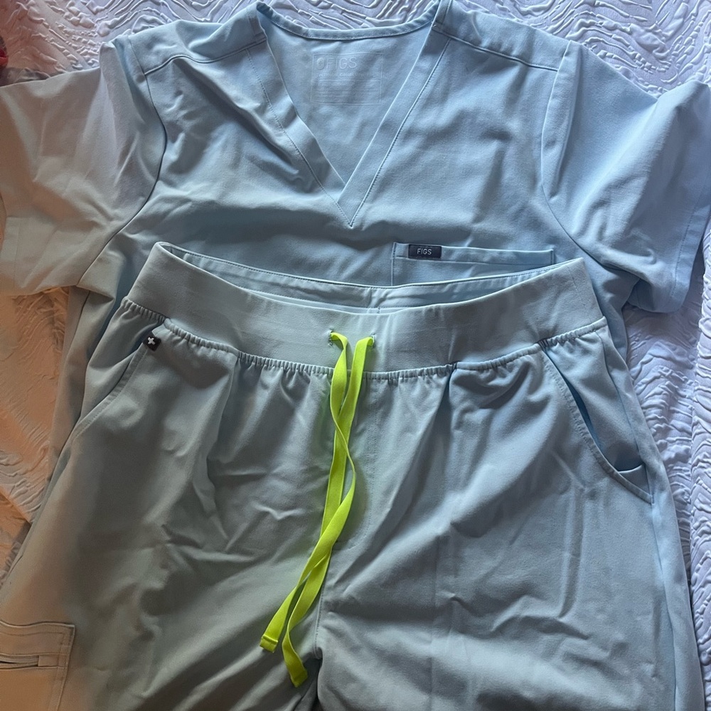 Figs Sky Blue Scrub Set with Neon Yellow Accent